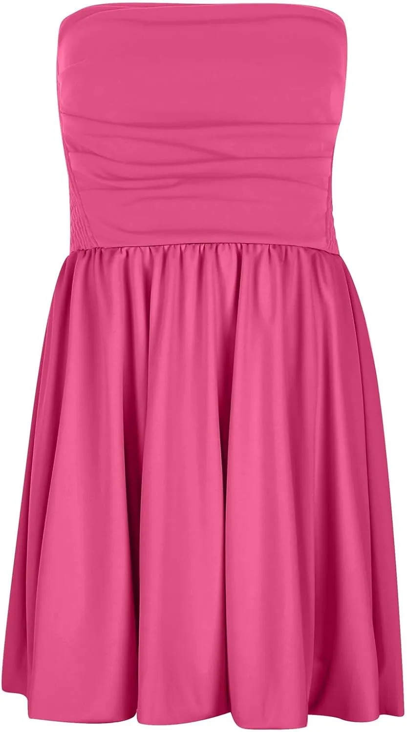 Women Sexy Ruched Strapless Tube Mini Dress Sleeveless Backless Tiered Layered Ruffle Hem A-Line Short Dress