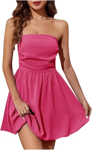 Women Sexy Ruched Strapless Tube Mini Dress Sleeveless Backless Tiered Layered Ruffle Hem A-Line Short Dress