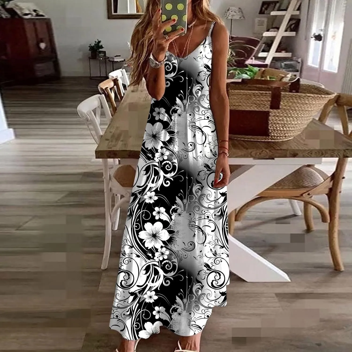 Women Strap Summer Dress Eyelet V Neck Spaghetti Strap Midi Dresses Casual Solid A-Line Flowy Sundress Beach Dress