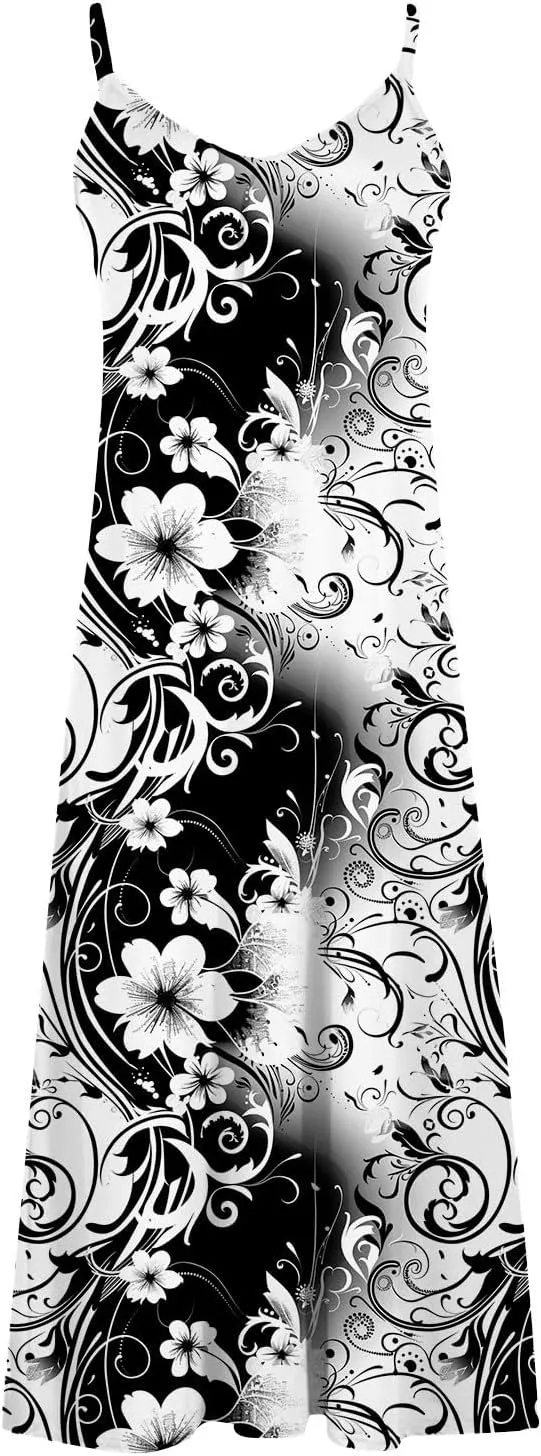 Women Strap Summer Dress Eyelet V Neck Spaghetti Strap Midi Dresses Casual Solid A-Line Flowy Sundress Beach Dress