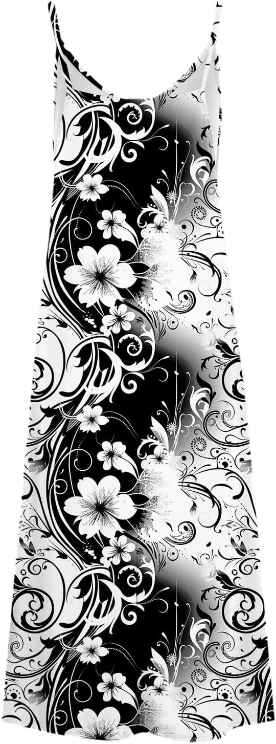 Women Strap Summer Dress Eyelet V Neck Spaghetti Strap Midi Dresses Casual Solid A-Line Flowy Sundress Beach Dress