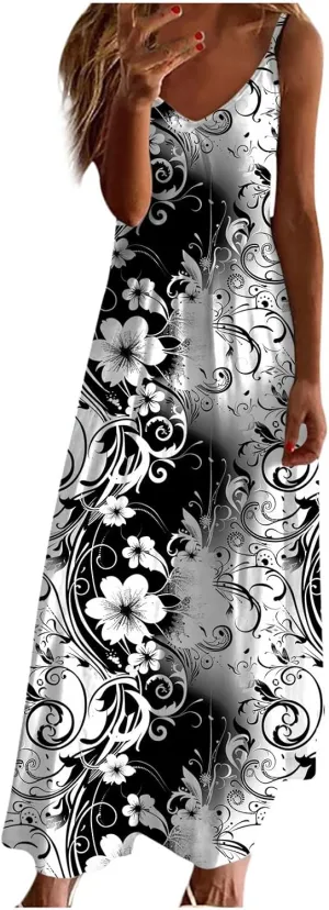 Women Strap Summer Dress Eyelet V Neck Spaghetti Strap Midi Dresses Casual Solid A-Line Flowy Sundress Beach Dress