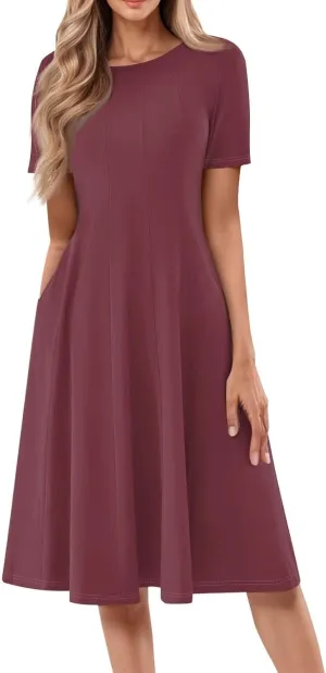 Women Summer Short Sleeve Midi Dress with Pockets Casual Aline Flowy Tshirt Dress Floral Vocation Beach Sundress