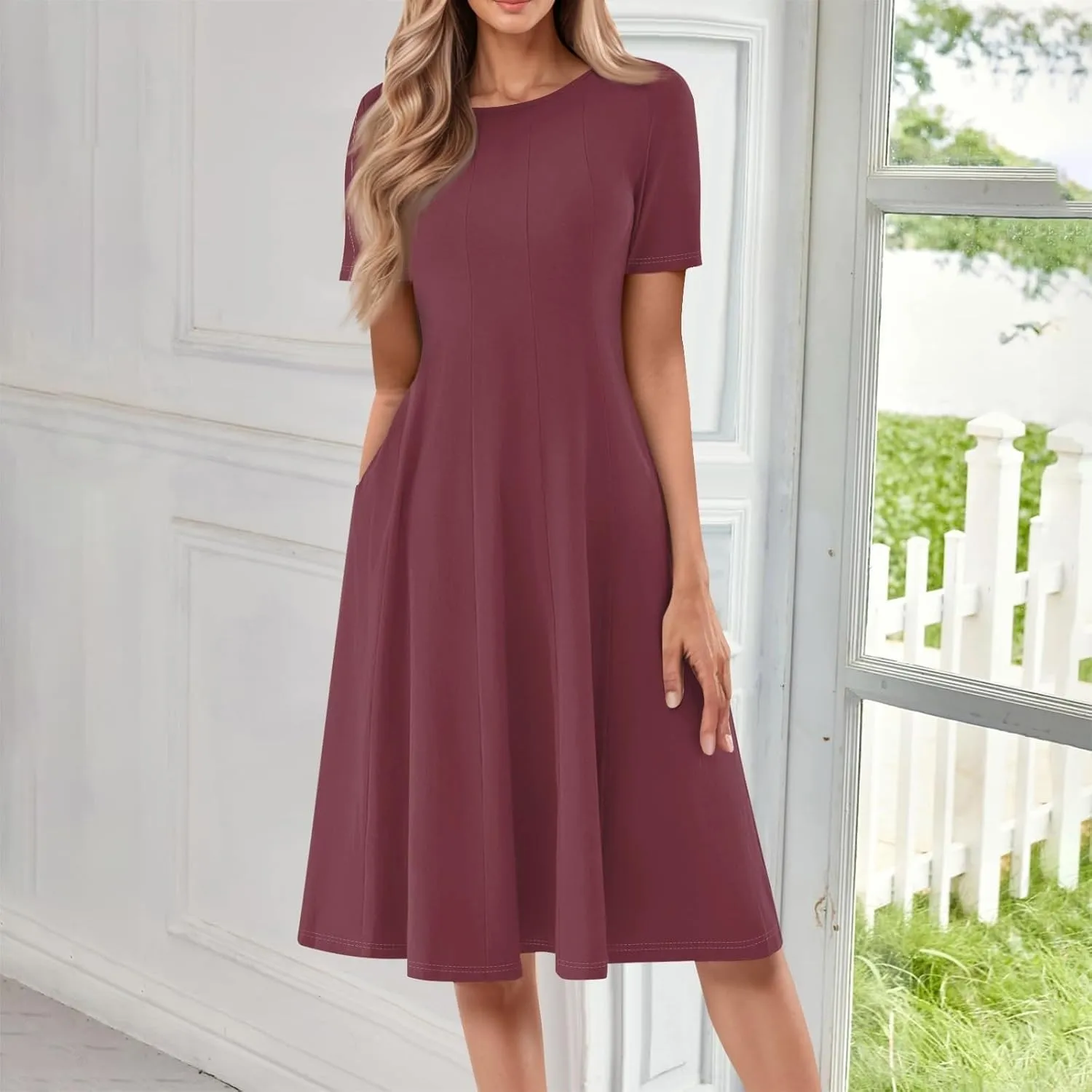 Women Summer Short Sleeve Midi Dress with Pockets Casual Aline Flowy Tshirt Dress Floral Vocation Beach Sundress