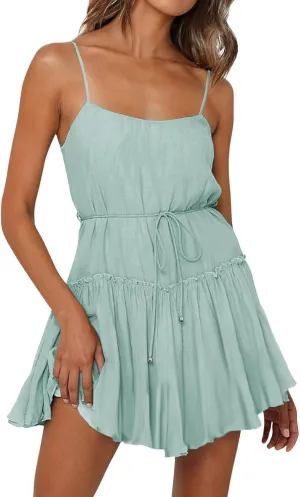 Women Swimwear Sundress Modest Swim Mini Camisole Skirt Dress Waist Tiered Ruffle Casual Suit Trendy Beach Summer