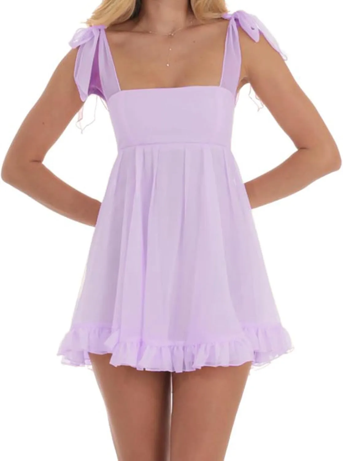Women Y2K Tie Shoulder Mini Dress Sleeveless Backless Ruffle Flowy Babydoll Dress Summer Party Beach A Line Dresses