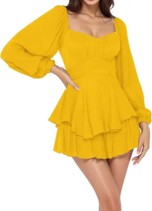 Women's 2025 Casual Long Sleeve Dresses Empire Waist Tie Back a Line Mini Dresses Layer Ruffle Hem Short Dresses
