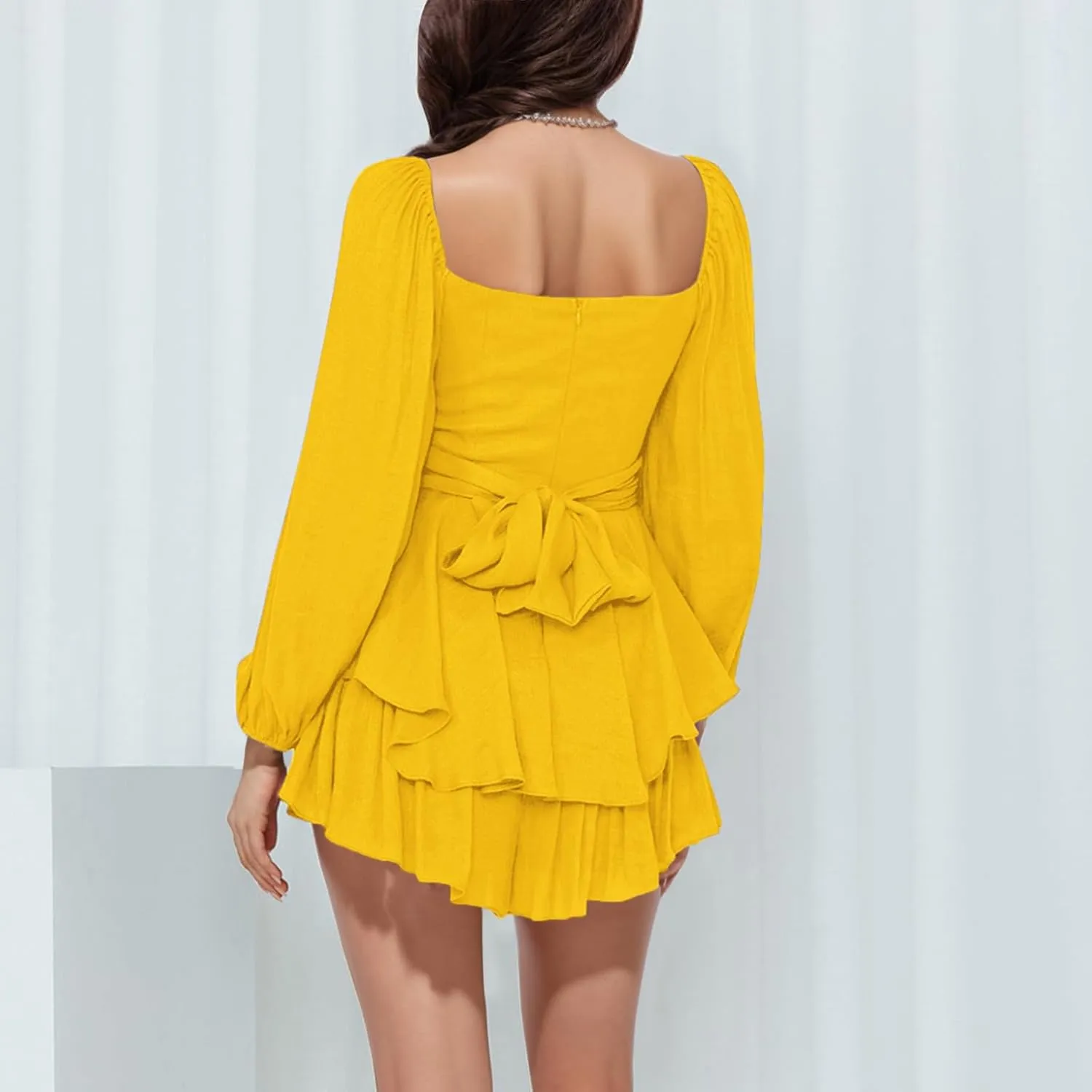 Women's 2025 Casual Long Sleeve Dresses Empire Waist Tie Back a Line Mini Dresses Layer Ruffle Hem Short Dresses