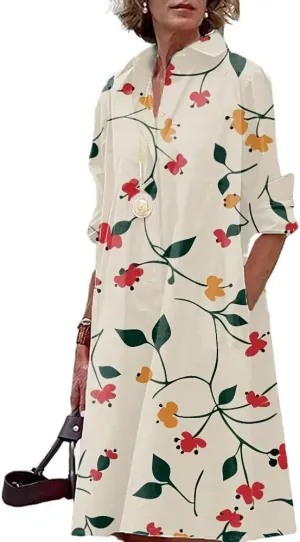 Womens Boho Floral Dress 2024 Summer V Neck Long Sleeve Large Size Midi Length Casual Dress with Pockets