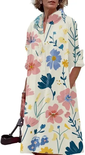 Womens Boho Floral Dress 2024 Summer V Neck Long Sleeve Large Size Midi Length Casual Dress with Pockets