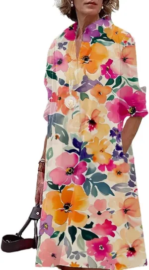 Womens Boho Floral Dress 2024 Summer V Neck Long Sleeve Large Size Midi Length Casual Dress with Pockets