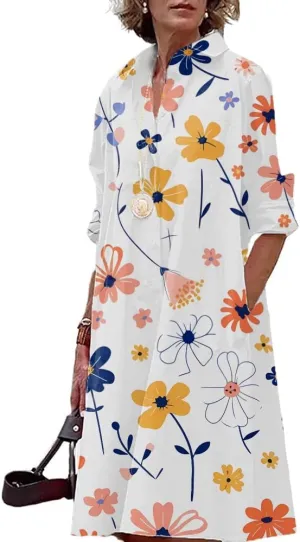 Womens Boho Floral Dress 2024 Summer V Neck Long Sleeve Large Size Midi Length Casual Dress with Pockets