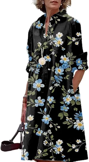 Womens Boho Floral Dress 2024 Summer V Neck Long Sleeve Large Size Midi Length Casual Dress with Pockets