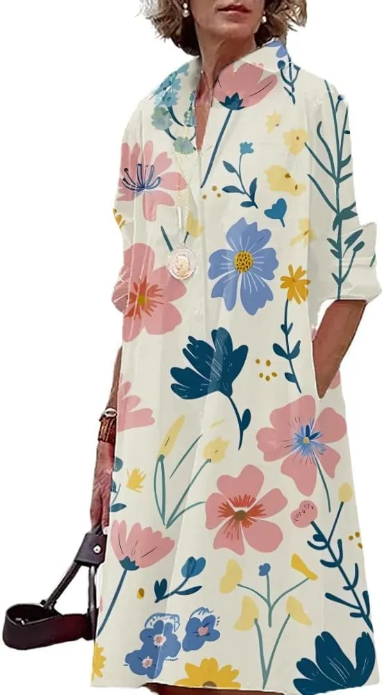 Womens Boho Floral Dress 2024 Summer V Neck Long Sleeve Large Size Midi Length Casual Dress with Pockets