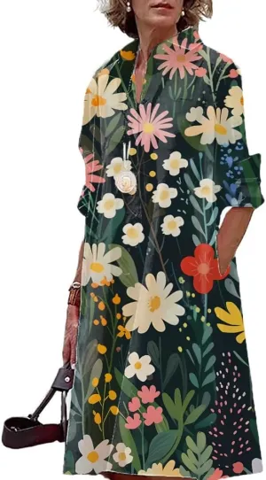 Womens Boho Floral Dress 2024 Summer V Neck Long Sleeve Large Size Midi Length Casual Dress with Pockets