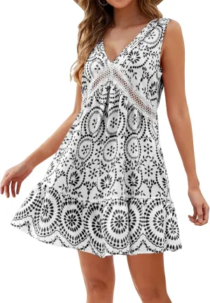 Womens Boho Floral Print Mini Dress Summer V Neck Sleeveless Bathing Suit A Line Sundress Vacation Beach Dress