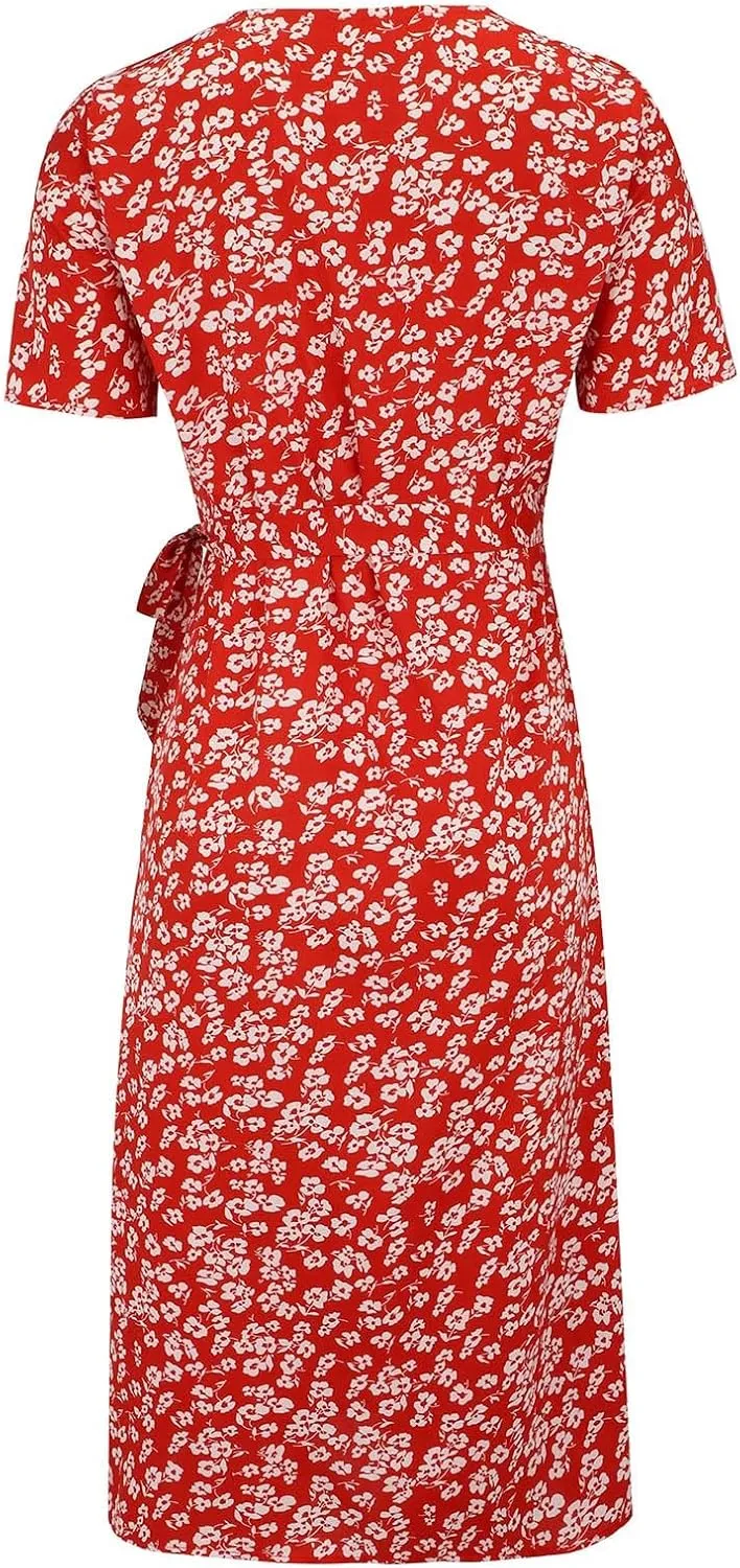 Womens Boho Floral Printed Chiffon Tiered Flowy Dresses Elegant V Neck Belted Summer Wedding Prom Cocktail Midi Dress