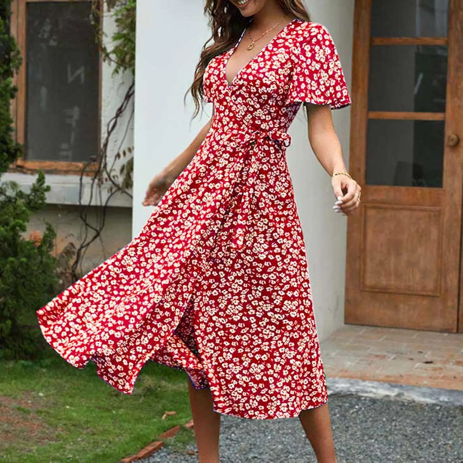 Womens Boho Floral Printed Chiffon Tiered Flowy Dresses Elegant V Neck Belted Summer Wedding Prom Cocktail Midi Dress