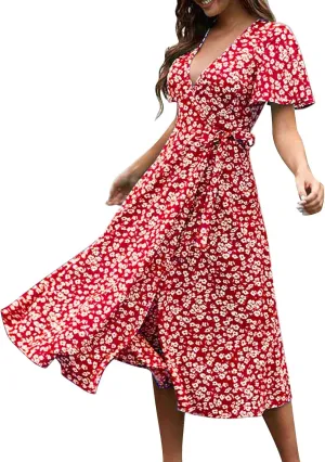 Womens Boho Floral Printed Chiffon Tiered Flowy Dresses Elegant V Neck Belted Summer Wedding Prom Cocktail Midi Dress