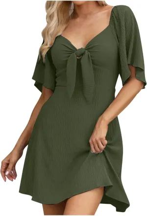 Womens Boho Ruffle Midi Dress Tie Front Sweetheart Neckline Casual Dress Solid Color Aline Dress Trendy Summer Sundress