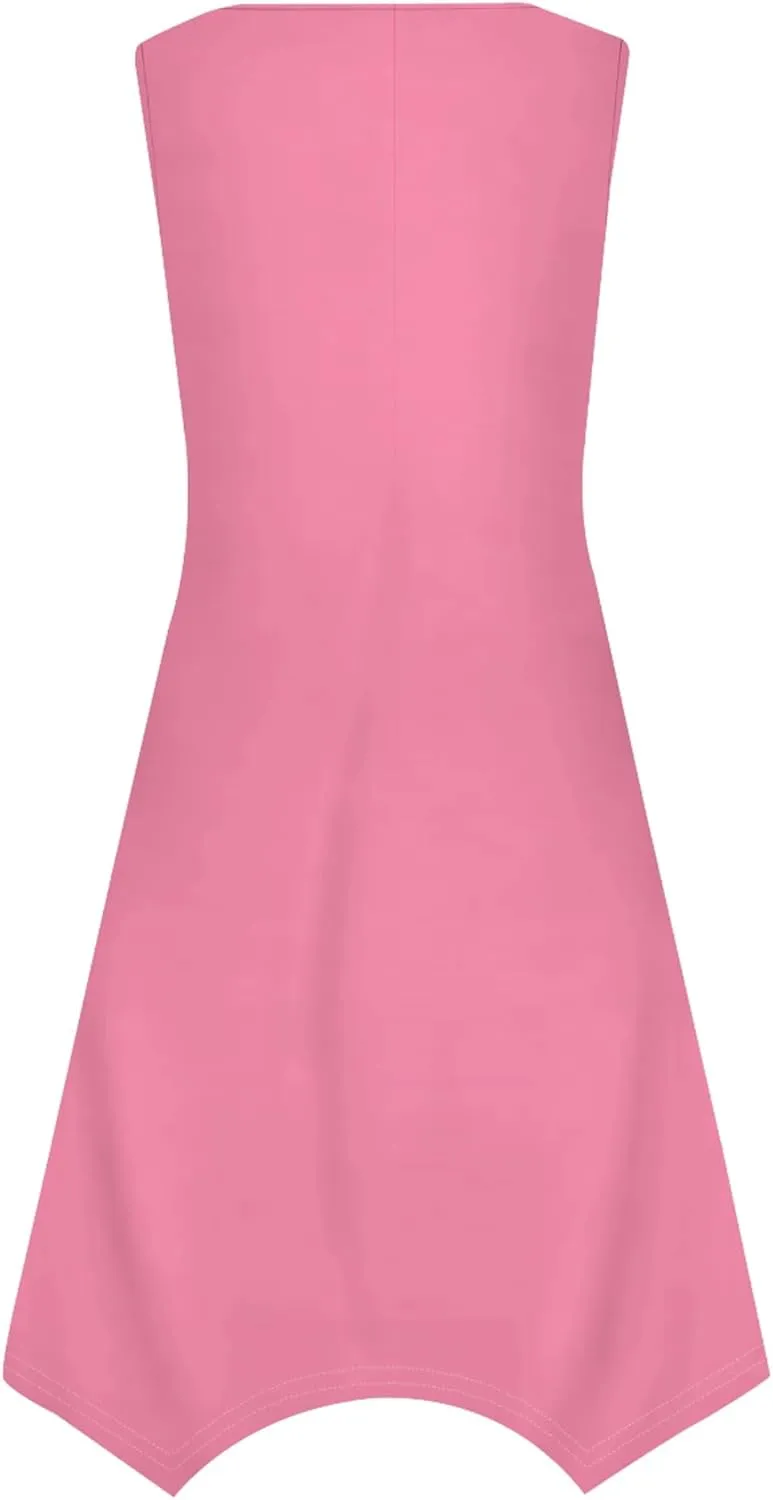 Women's Casual Summer Solid Color Midi Dress Sleeveless Swing Tank Sundress Pleated Tshirt Beach Cover Ups Dresses