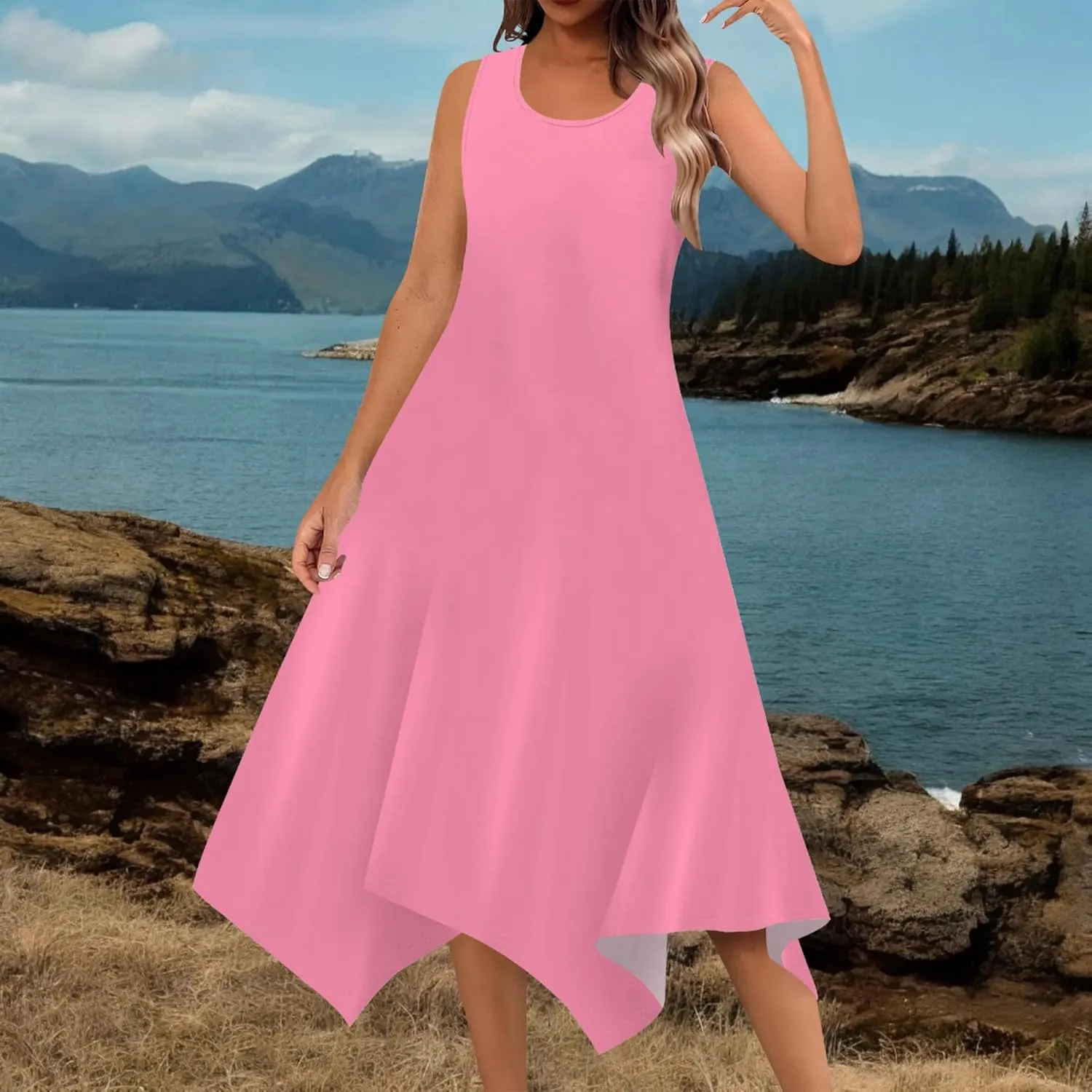 Women's Casual Summer Solid Color Midi Dress Sleeveless Swing Tank Sundress Pleated Tshirt Beach Cover Ups Dresses