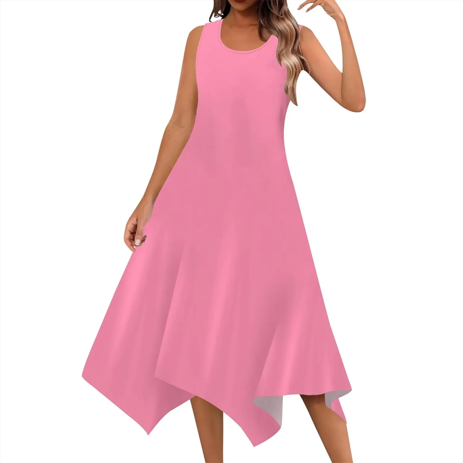 Women's Casual Summer Solid Color Midi Dress Sleeveless Swing Tank Sundress Pleated Tshirt Beach Cover Ups Dresses