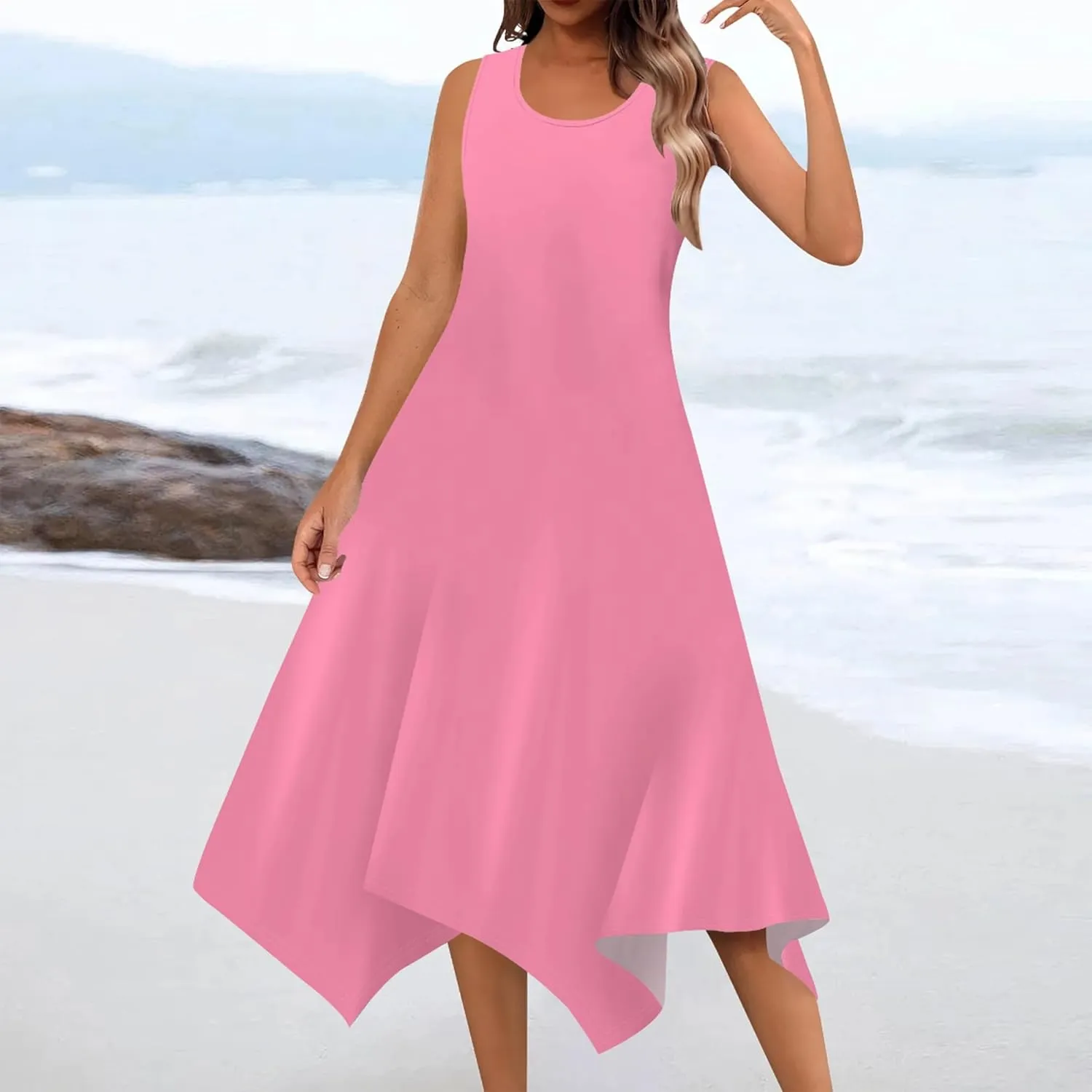 Women's Casual Summer Solid Color Midi Dress Sleeveless Swing Tank Sundress Pleated Tshirt Beach Cover Ups Dresses