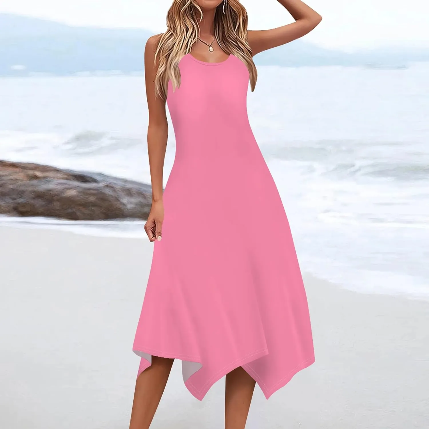 Women's Casual Summer Solid Color Midi Dress Sleeveless Swing Tank Sundress Pleated Tshirt Beach Cover Ups Dresses