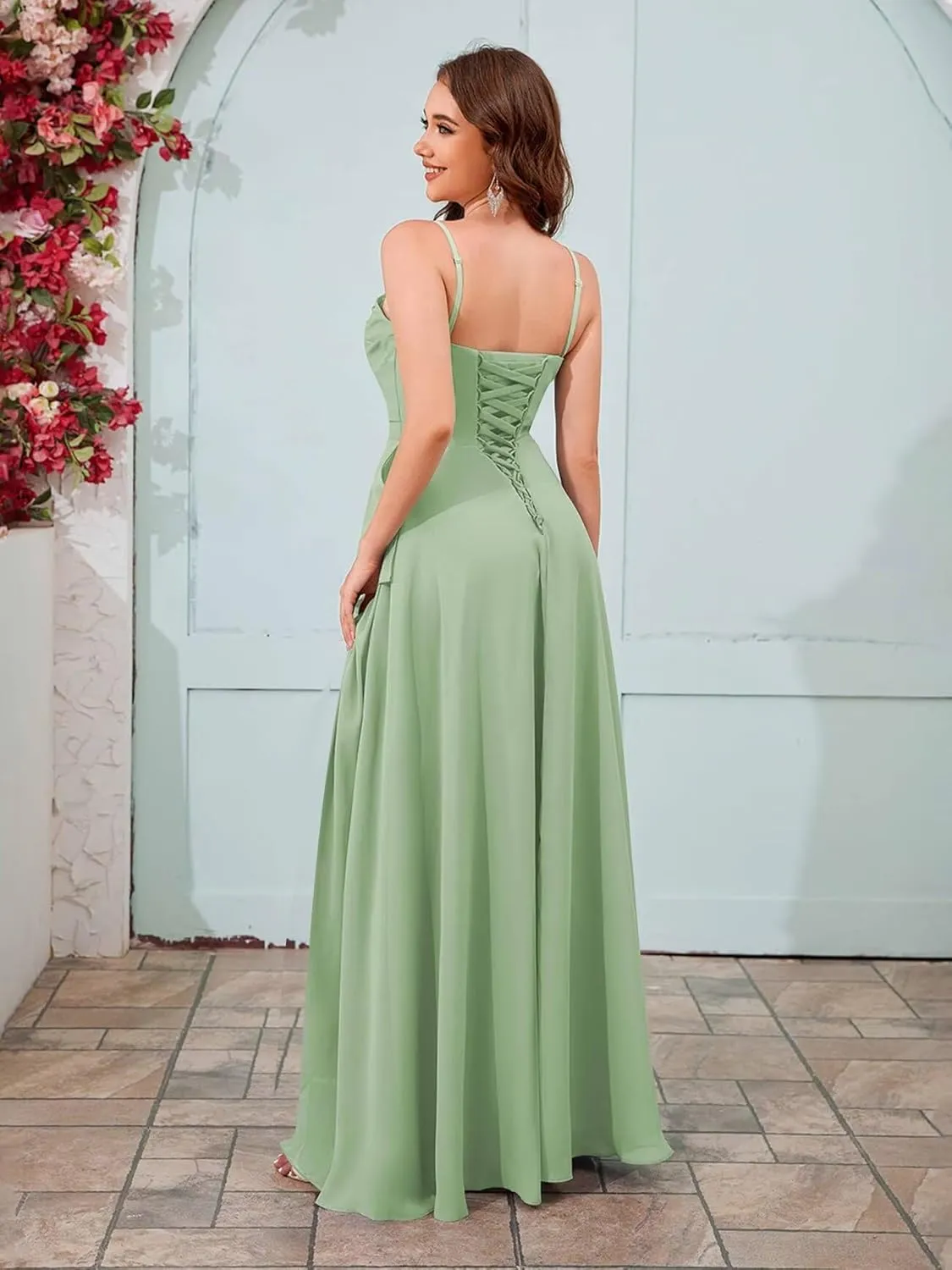 Women's Chiffon Bridesmaid Dresses for Beach Wedding Long Spaghetti Strap Boho Formal Evening Gowns