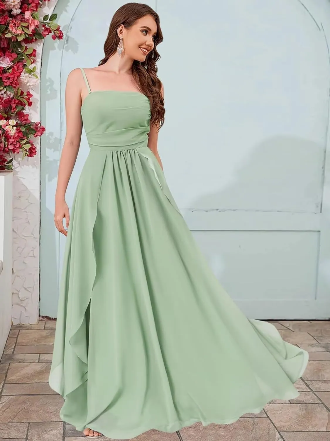 Women's Chiffon Bridesmaid Dresses for Beach Wedding Long Spaghetti Strap Boho Formal Evening Gowns