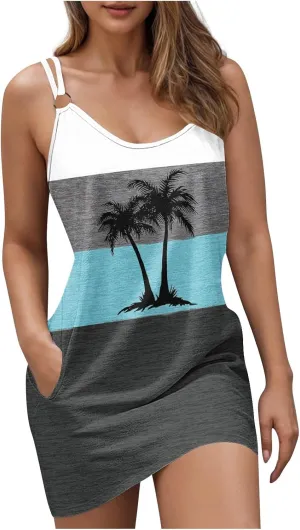 Womens Coconut Sunset Print Tank Dress with Pockets Summer Casual Sleeveless Beach Cover Ups Floral Beach Sundress