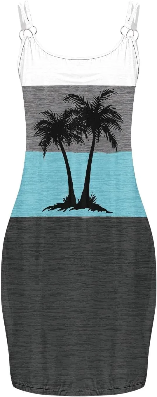 Womens Coconut Sunset Print Tank Dress with Pockets Summer Casual Sleeveless Beach Cover Ups Floral Beach Sundress