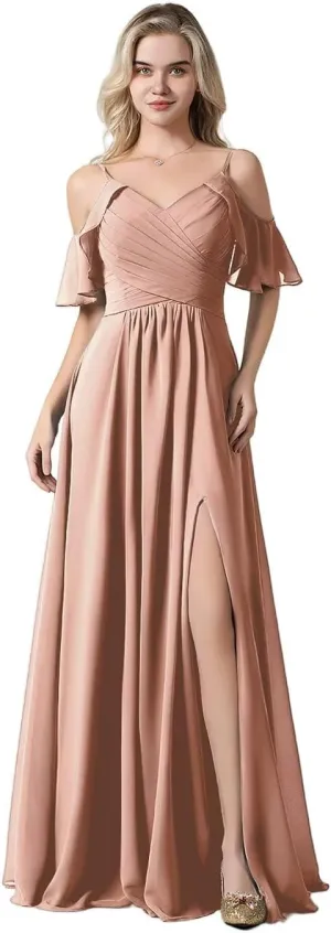 Women's Cold Shoulder Chiffon Bridesmaid Dresses 2025 for Wedding Slit Pleated A-line Formal Long Evening Gowns