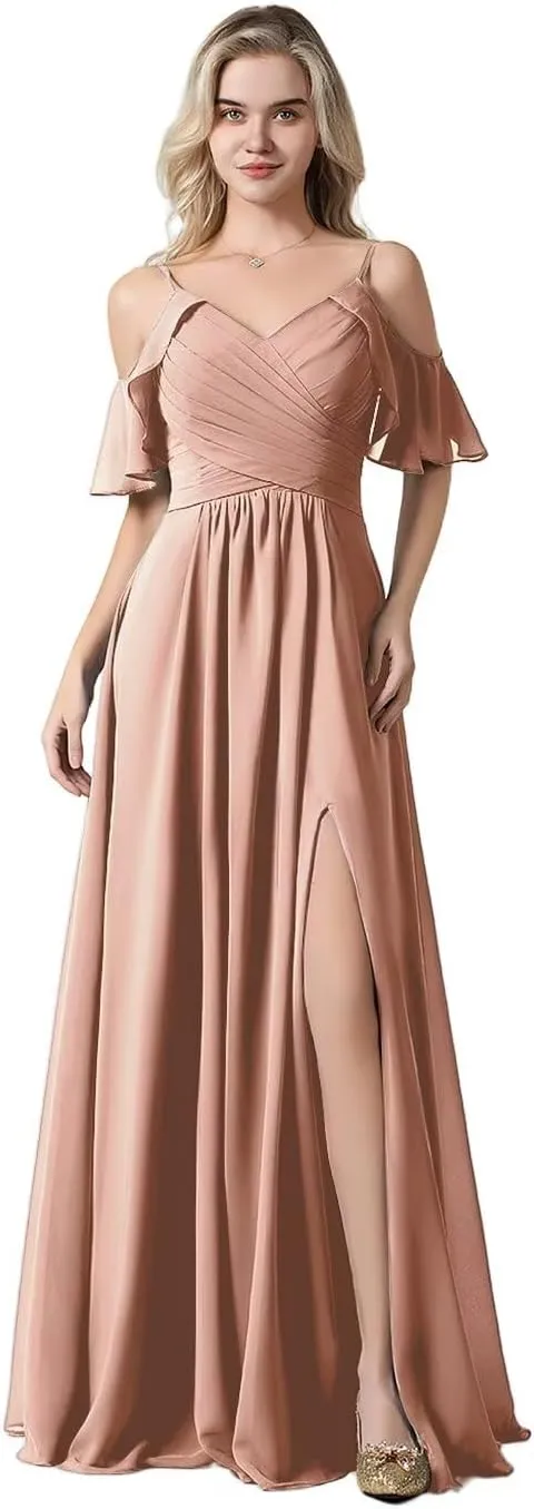 Women's Cold Shoulder Chiffon Bridesmaid Dresses 2025 for Wedding Slit Pleated A-line Formal Long Evening Gowns