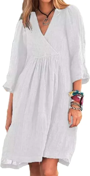 Womens Dresses for Summer Causl 3/4 Sleeve Cotton Linen Dress Loose Tunic Smocked Mini Dress Beach Travel Clothes