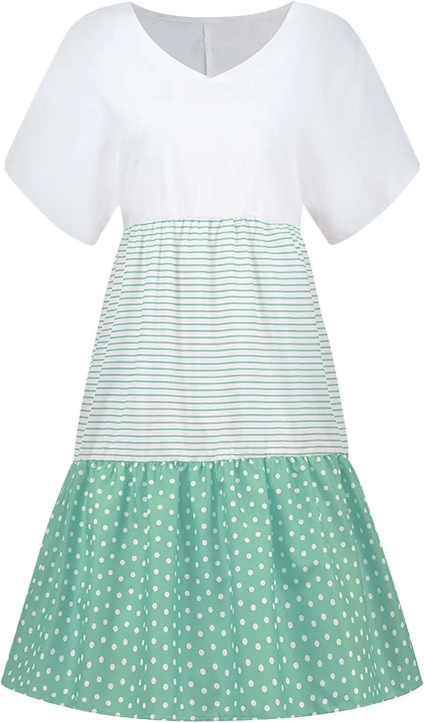 Womens Dresses Short Sleeve Casual Trendy Grahpic Design Sundress Loose V Neck Vacation Short Dresses