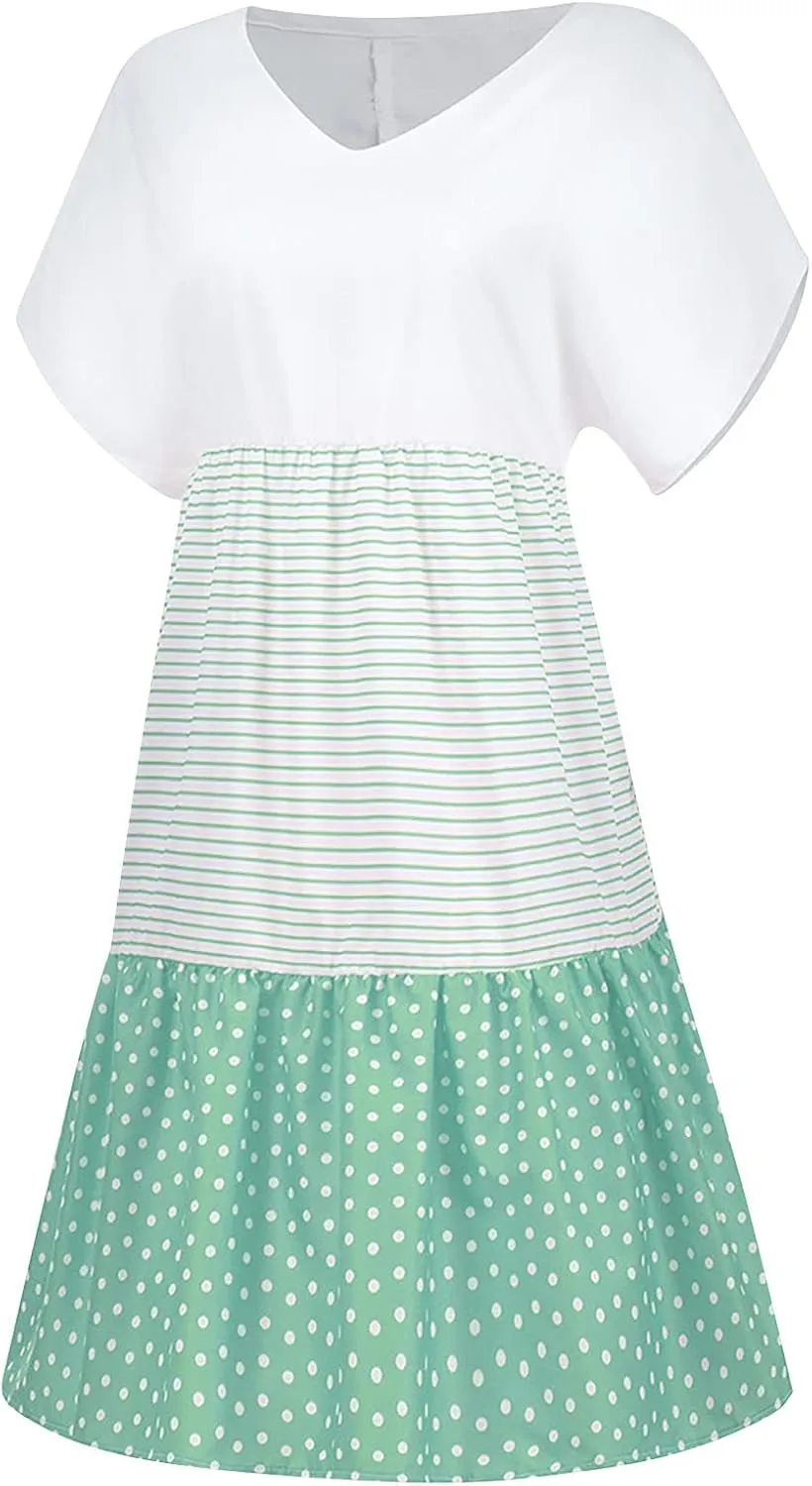 Womens Dresses Short Sleeve Casual Trendy Grahpic Design Sundress Loose V Neck Vacation Short Dresses
