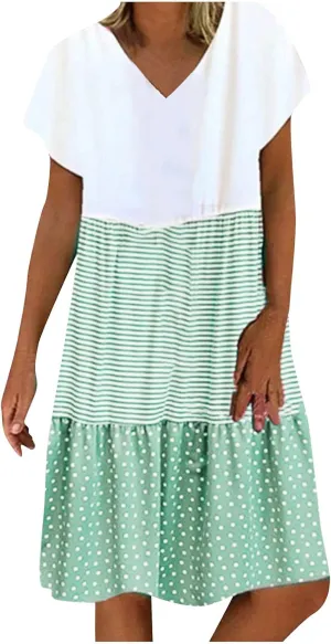 Womens Dresses Short Sleeve Casual Trendy Grahpic Design Sundress Loose V Neck Vacation Short Dresses
