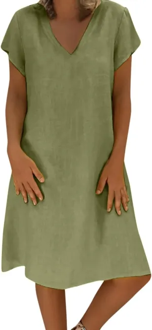 Womens Dresses Short Sleeve V Neck Cute Sun Dress T Shirts Knee Length Casual Dresses Fashion Plus Size Sundresses
