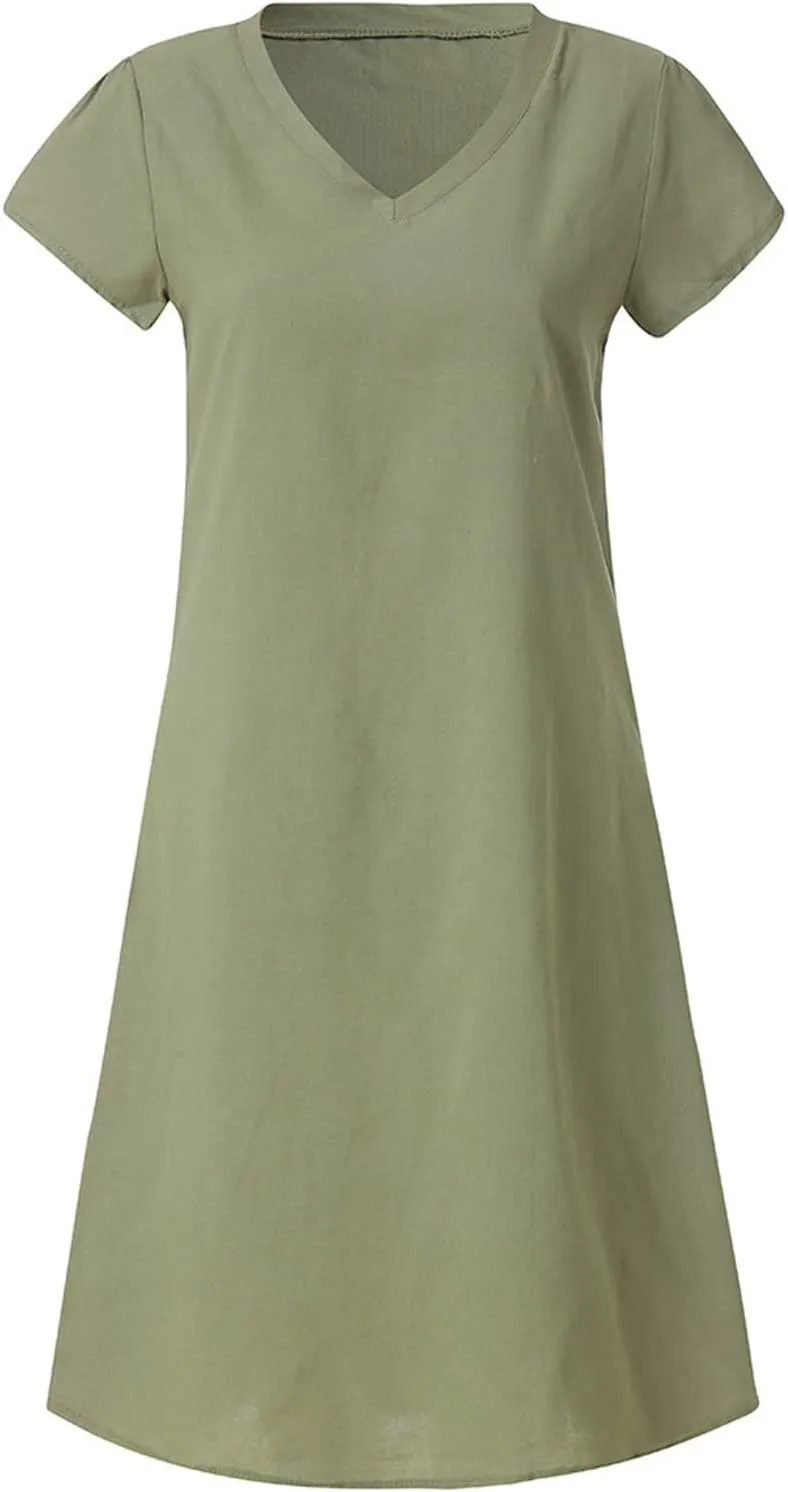 Womens Dresses Short Sleeve V Neck Cute Sun Dress T Shirts Knee Length Casual Dresses Fashion Plus Size Sundresses