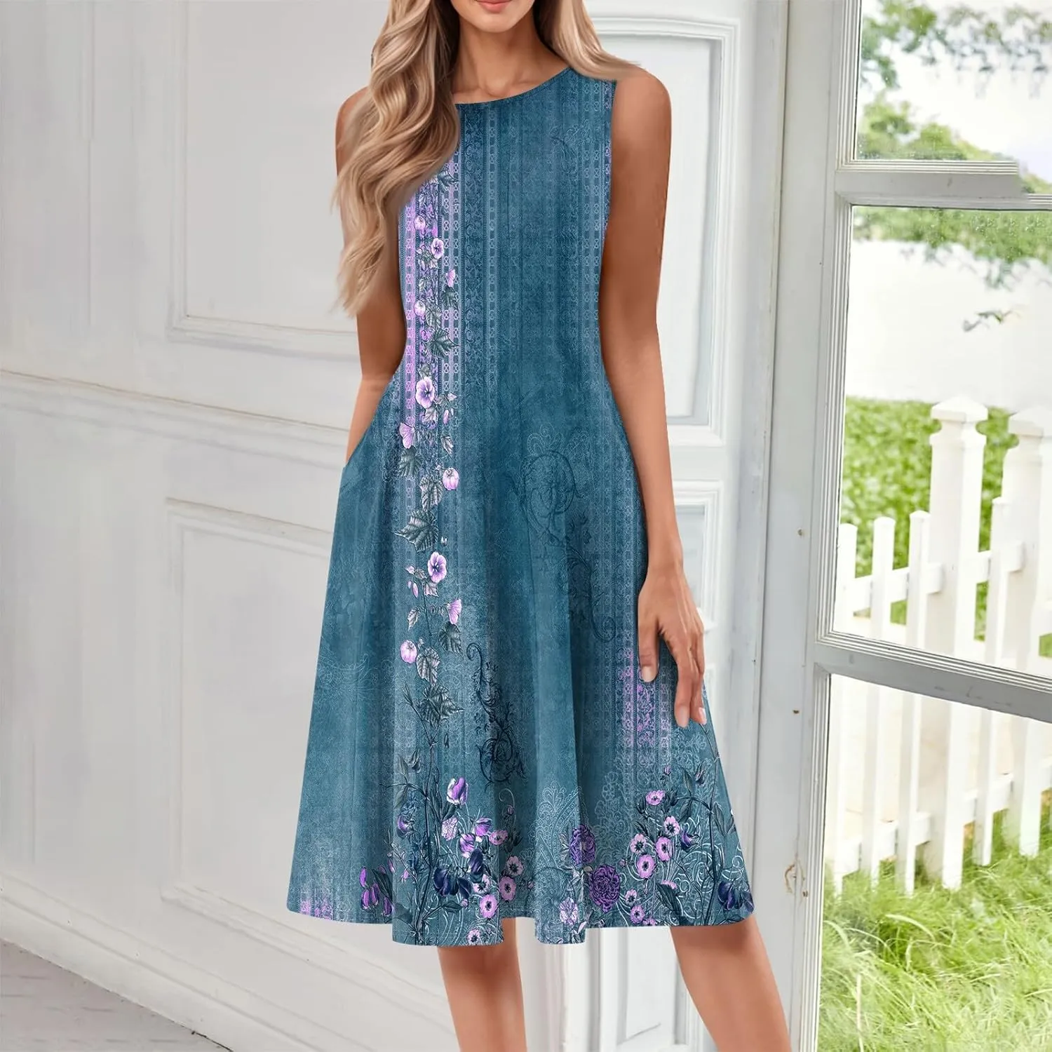 Womens Dresses Summer 2025 Empire Waist Sundresses Tank Dress Sleeveless Floral Dress Ruffle Dresses with Pockets