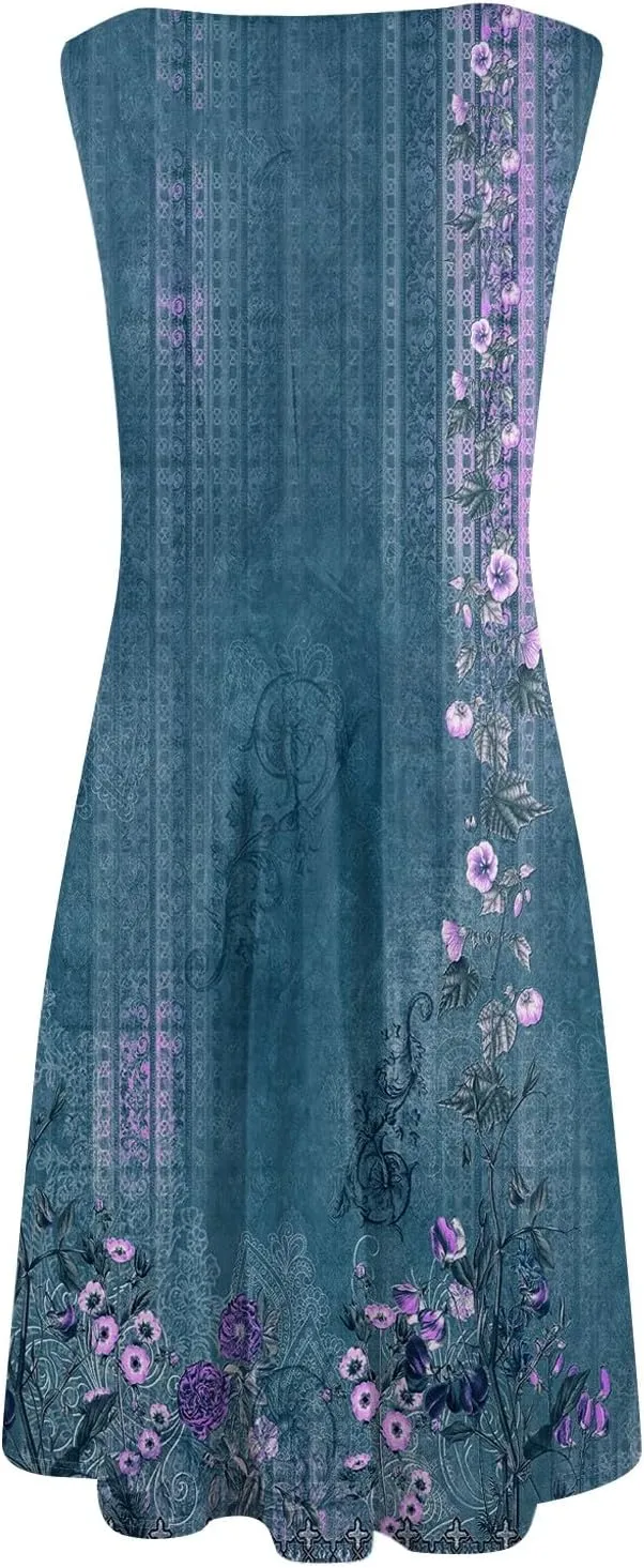 Womens Dresses Summer 2025 Empire Waist Sundresses Tank Dress Sleeveless Floral Dress Ruffle Dresses with Pockets