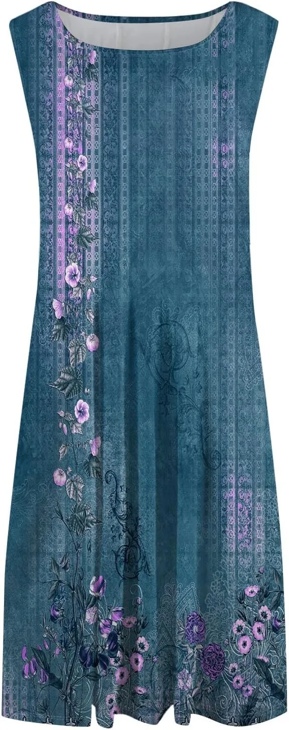 Womens Dresses Summer 2025 Empire Waist Sundresses Tank Dress Sleeveless Floral Dress Ruffle Dresses with Pockets
