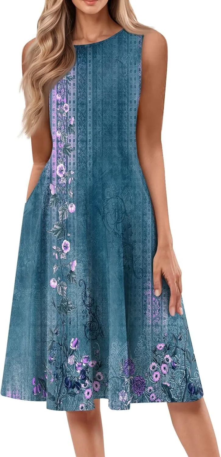 Womens Dresses Summer 2025 Empire Waist Sundresses Tank Dress Sleeveless Floral Dress Ruffle Dresses with Pockets