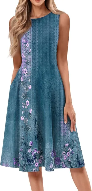 Womens Dresses Summer 2025 Empire Waist Sundresses Tank Dress Sleeveless Floral Dress Ruffle Dresses with Pockets