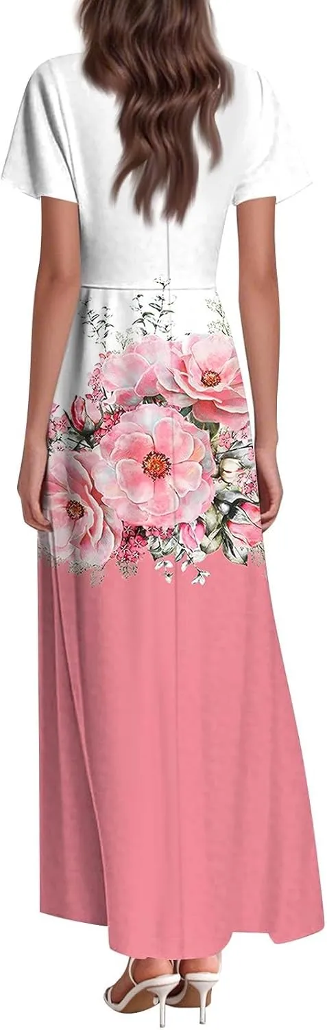 Womens Fashion V Neck Ruffle Short Sleeve Maxi Dress 2025 Summer Elegant Solid Color Flowy A Line Dresses