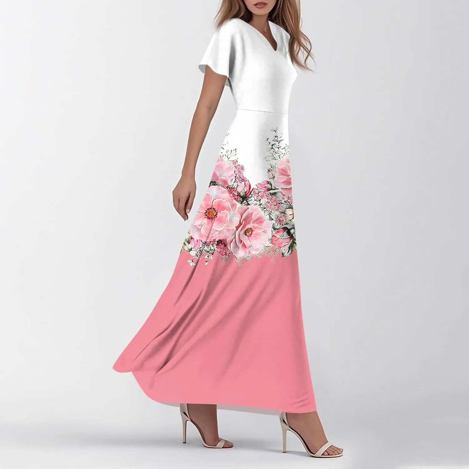 Womens Fashion V Neck Ruffle Short Sleeve Maxi Dress 2025 Summer Elegant Solid Color Flowy A Line Dresses