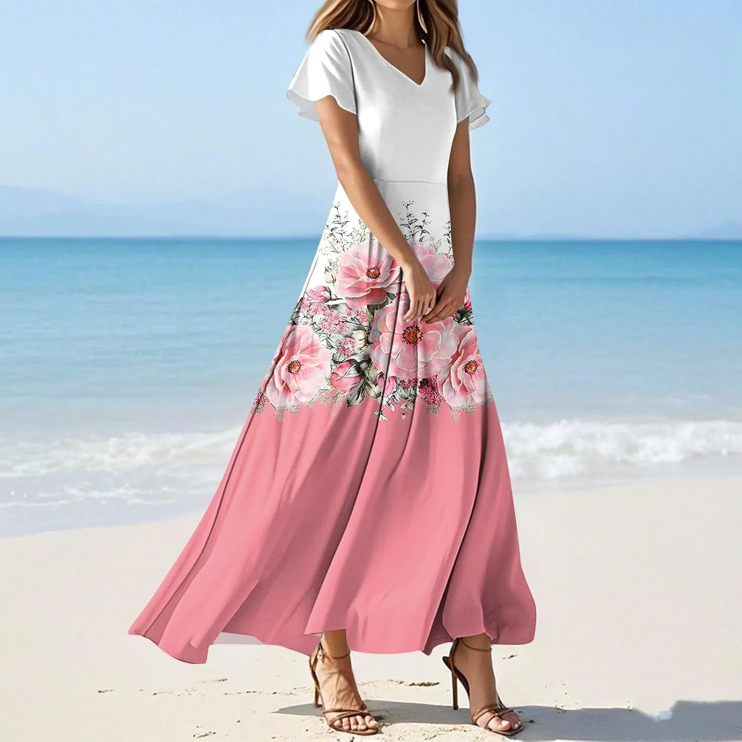 Womens Fashion V Neck Ruffle Short Sleeve Maxi Dress 2025 Summer Elegant Solid Color Flowy A Line Dresses
