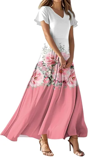 Womens Fashion V Neck Ruffle Short Sleeve Maxi Dress 2025 Summer Elegant Solid Color Flowy A Line Dresses